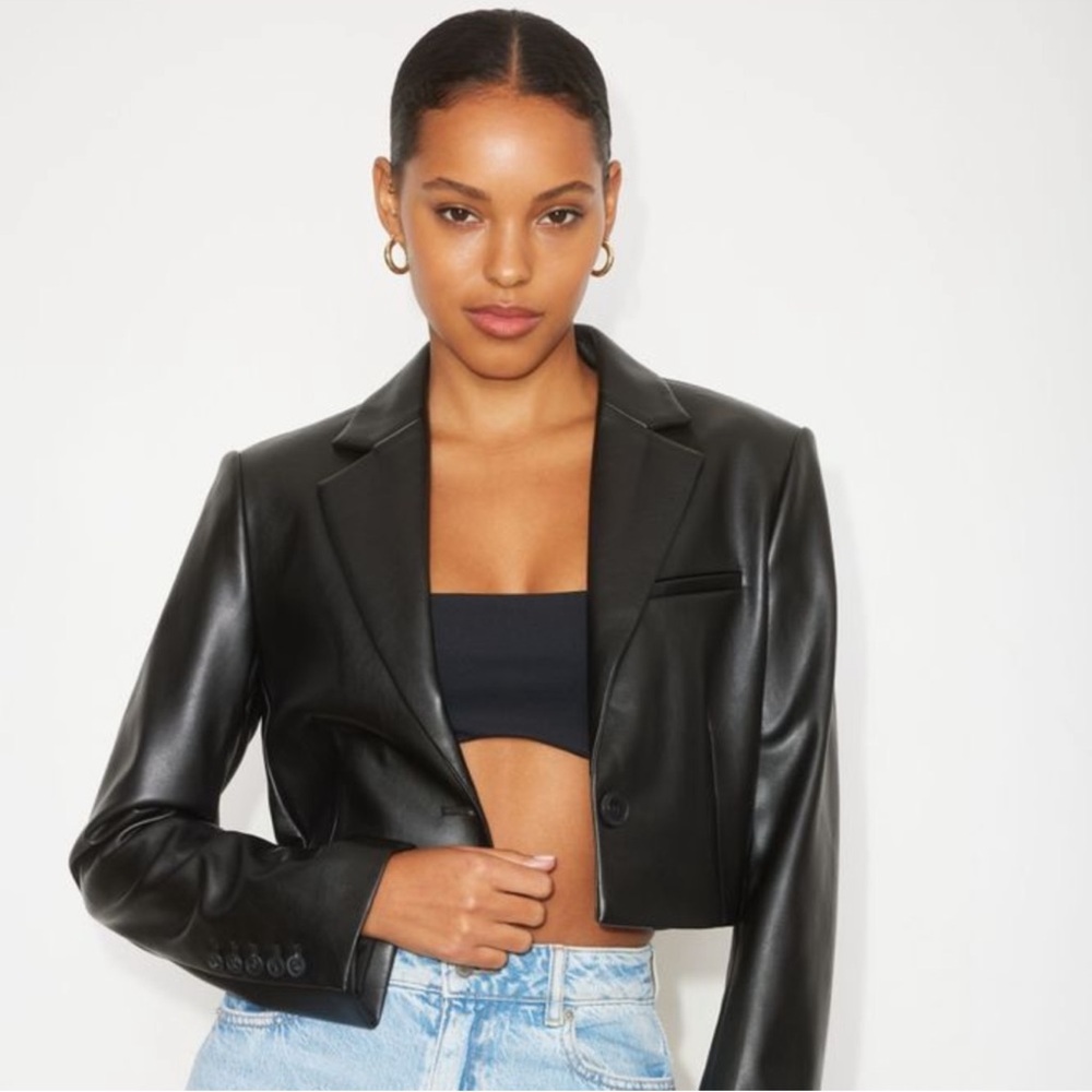 Dynamite Cropped Black Faux Leather Blazer